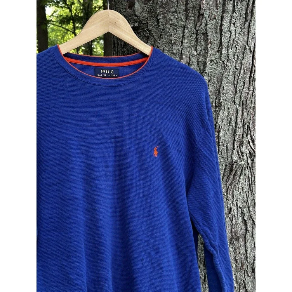 Polo Ralph Lauren Waffle Weave Thermal Shirt Size Large Blue Long Sleeve Logo